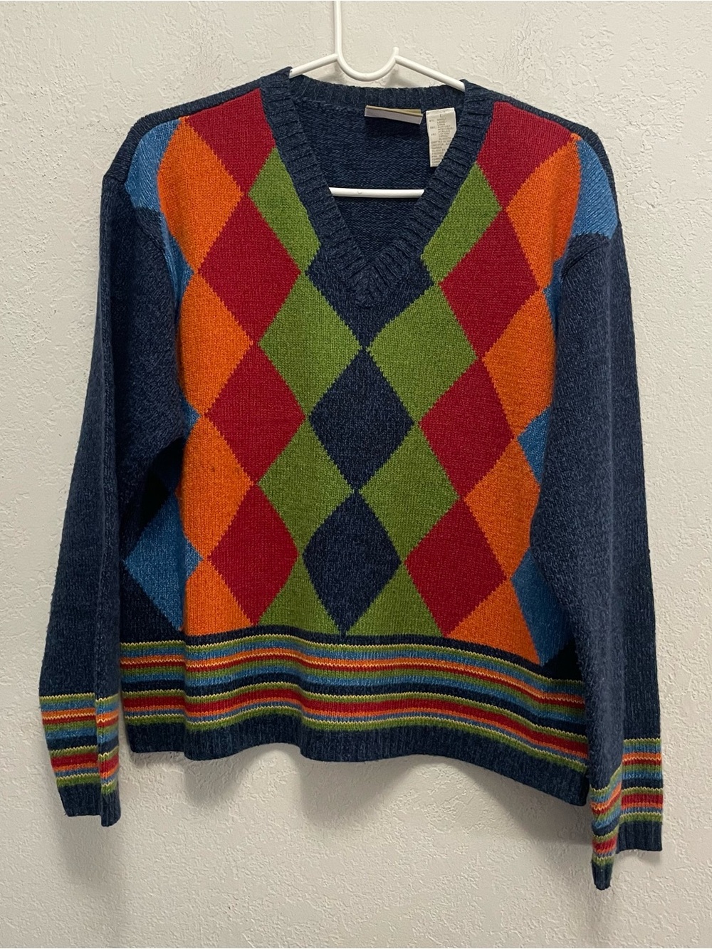 argyle sweater by Liz Claiborne Cropped wool sweater color block stripe hem Sz L